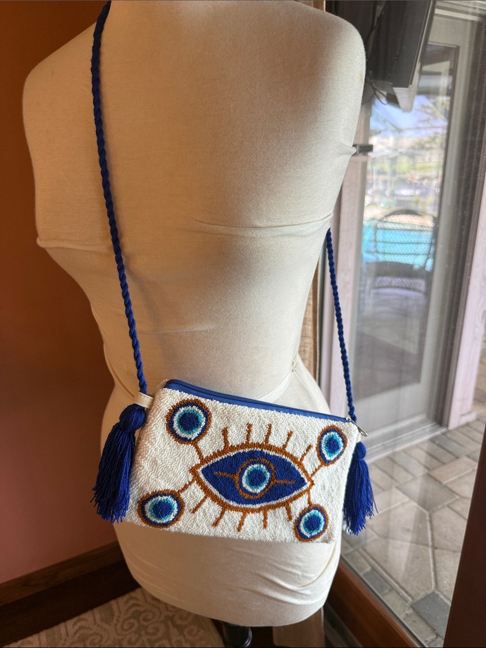Boho Eye Embroidered Crossbody Bag in Royal Blue and White